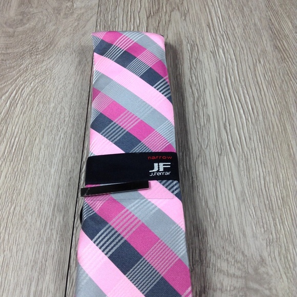 JF J. Ferrar Pink & Silver Plaid w Clip Narrow Tie - Picture 2 of 3